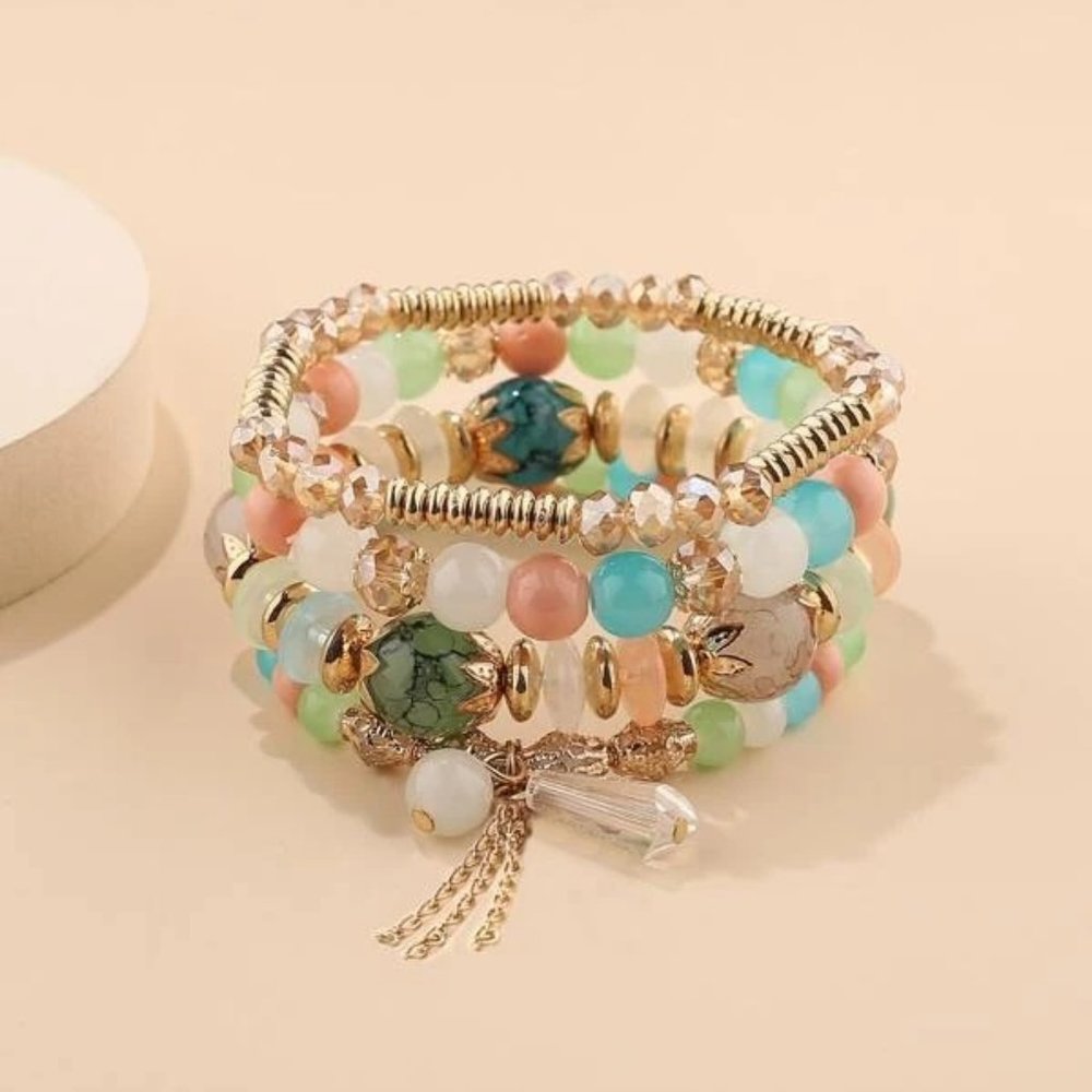 NEW Beaded Bracelet Set Teal Blue Green Stack